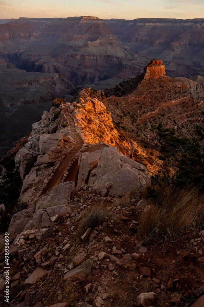 Sun Highlights The Edges Of The Winding Trail Of South Kaibab