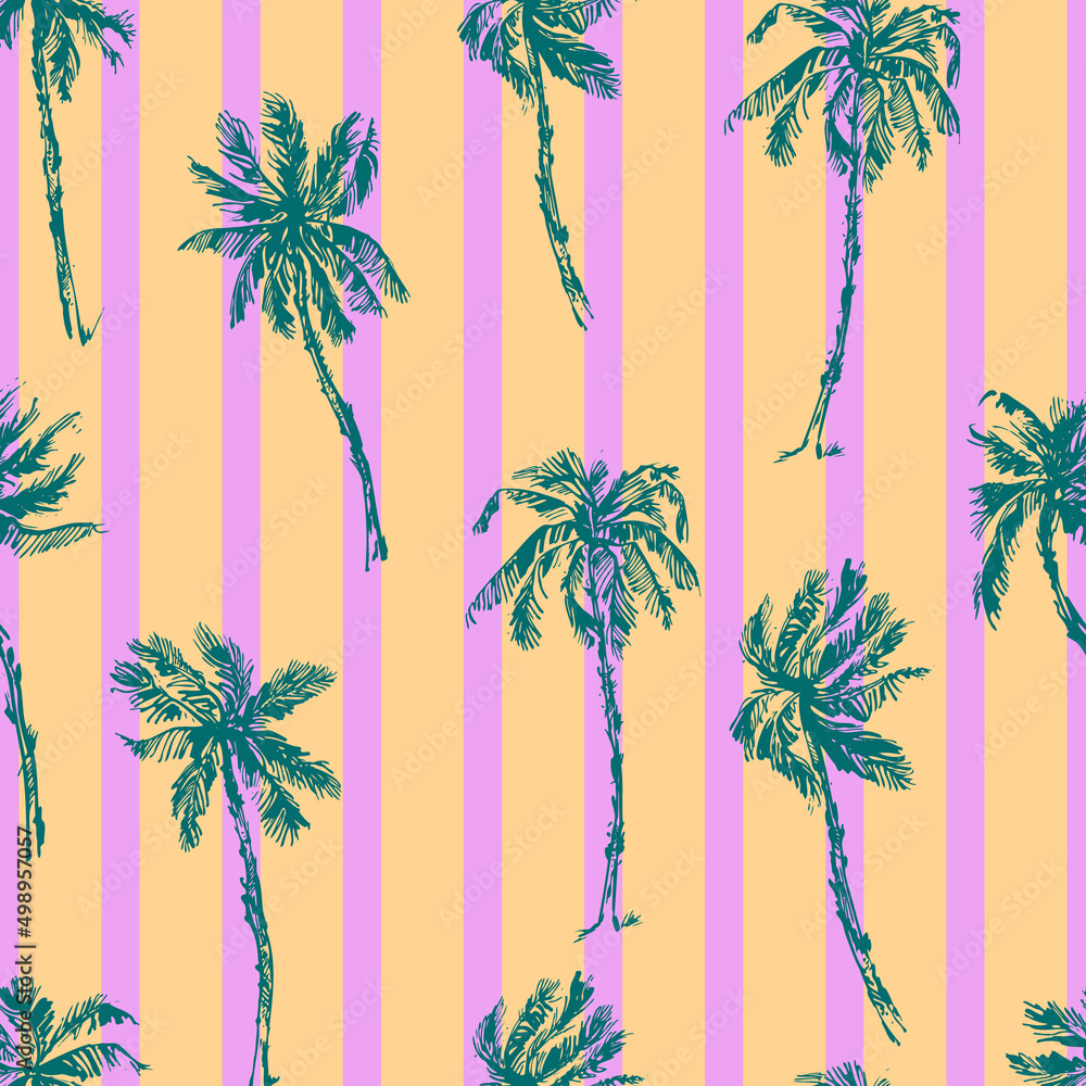 Hand drawn palm trees seamless pattern with stripes in green, pink, yellow