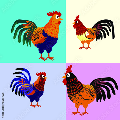 Chicken set, hen, rooster character vector illustration.