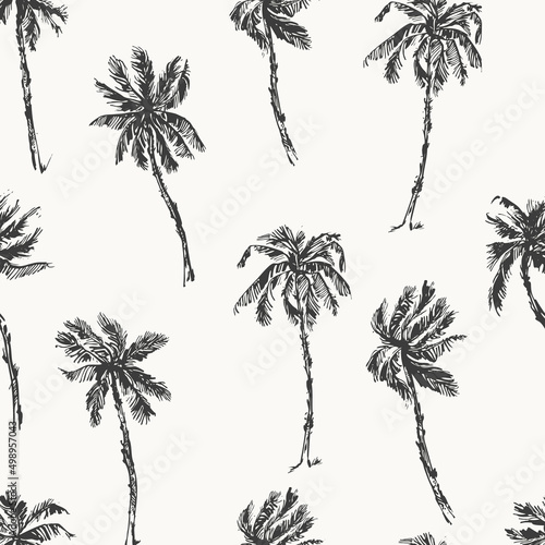 Hand drawn palm trees black ink sketch seamless pattern