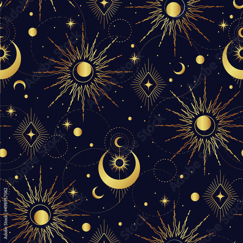 Vector gold seamless pattern with esoteric mystical elements. Trendy background for design of fabric, package, astrology, yoga mat, phone case.