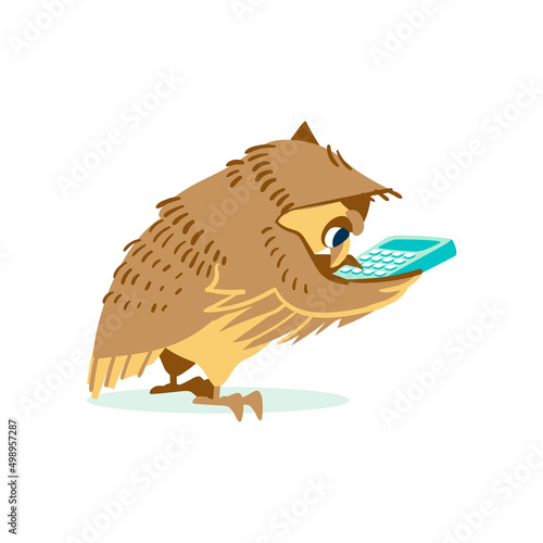 Wise owl counts on the calculator.. Clever bird scientist, teacher or student character. Back to school concept cartoon vector illustration on white background