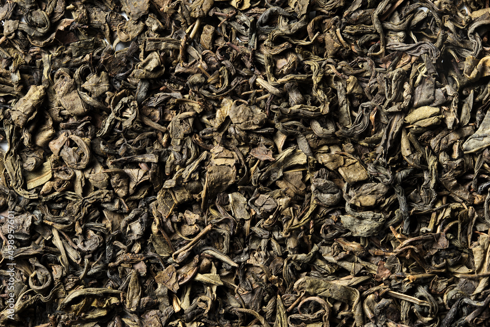 Green tea leaves on white background. Top view. Close up. High resolution Green tea leaves on white background. Top view. Close up. High resolution