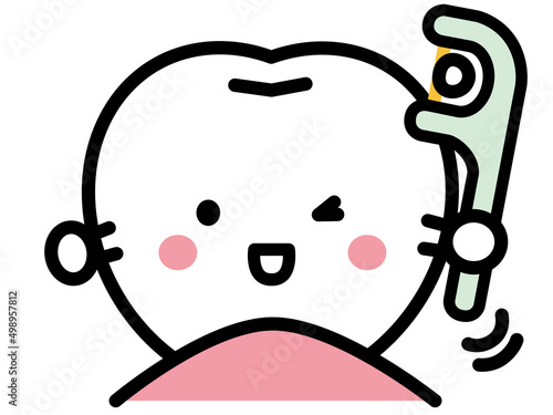 歯のキャラクター　歯間ブラシで歯のクリーニング