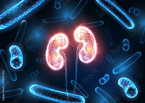 Futuristic kidney infection concept with glowing low polygonal kidneys surrounded by bacteria