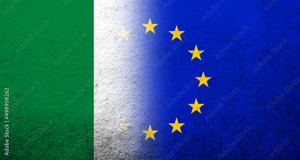 Flag of the European Union with Republic of Nigeria National flag. Grunge background Flag of the European Union with Republic of Nigeria National flag. Grunge background