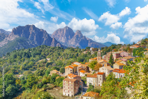 Landscape with Evisa, mountain village in the Corse-du-Sud department of Corsica island, France photo