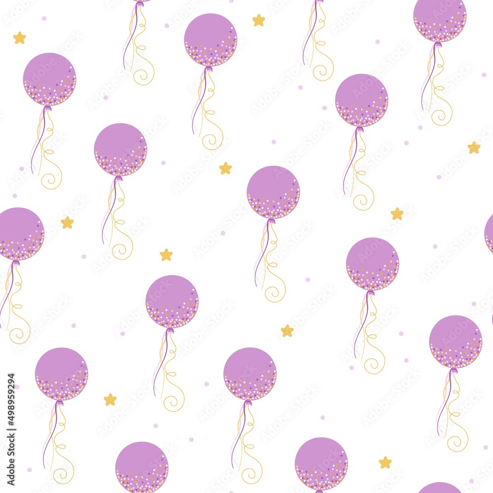 Seamless vector pattern with cute hand drawn air balloons and stars. Fun design. Purple palette. Kawaii background for print, wrapping paper, textile, fabric, wallpaper, gift, card, packaging, apparel