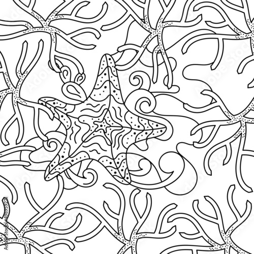 Coloring page for adult. Starfish and algae, hand-drawn vector illustration