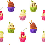 Cupcakes pattern with cherrie, lemon, pistachio cream, mint, chocolate, vanilla on white background. Vector cute cartoon illustration. Bakery shop, dessert, sweet products, cooking.