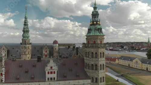 Cinematic 4K aerial drone footage of Kronborg Slot Castle, one of UNESCO's World Heritage sites, Helsingør city and Marina in Denmark photo