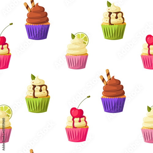Cupcakes pattern with cherrie  lemon  pistachio cream  mint  chocolate  vanilla on white background. Vector cute cartoon illustration. Bakery shop  dessert  sweet products  cooking.
