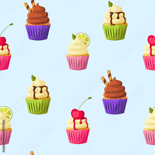 Cupcakes pattern with cherrie  lemon  pistachio cream  mint  chocolate  vanilla on light blue background. Vector cute cartoon illustration. Bakery shop  dessert  sweet products  cooking.