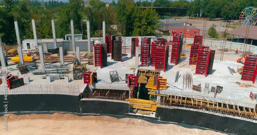 Aerial view of reinforced concrete construction. Construction process
