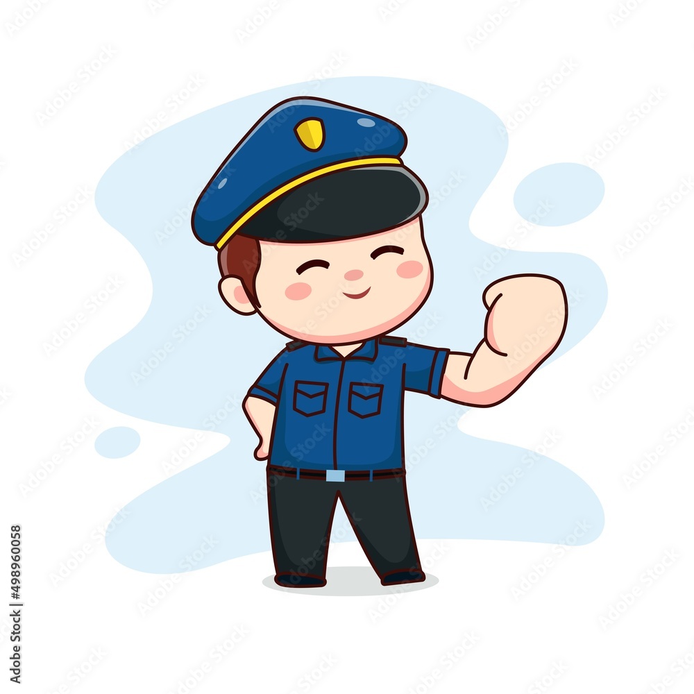 illustration of happy cute policeman with clenched fist kawaii chibi cartoon character design