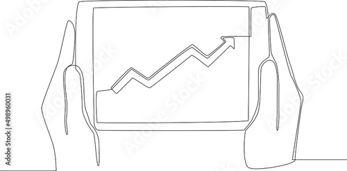 Single continuous line drawing trading chart up arrow on tablet. One line draw graphic design vector illustration.