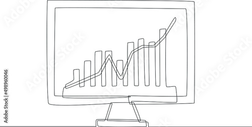 Single continuous line drawing share market chart data graphs on laptop computer at home. One line draw graphic design vector illustration.