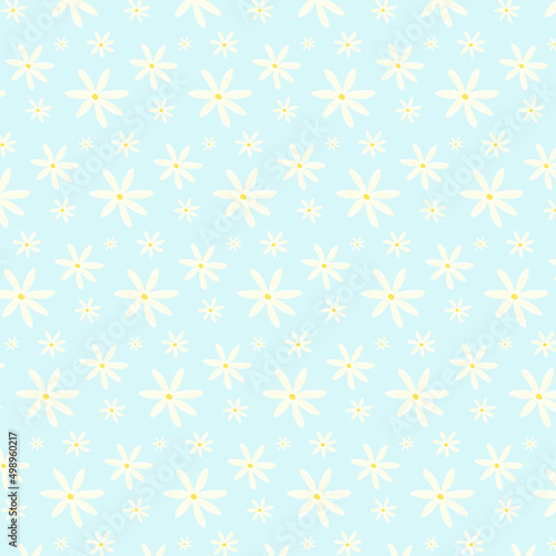 Cute Daisies Seamless Pattern on Blue Background. Simple Hand Drawn Vector Illustration. Great for Textile, Fabric Prints, Wrapping Paper. Cute floral print.