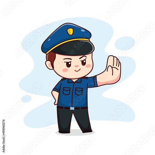 illustration of happy cute policeman with stop sign kawaii chibi cartoon character design