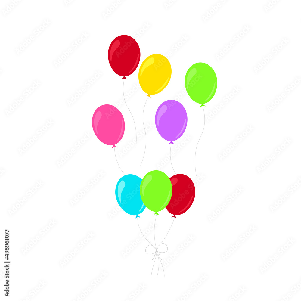 Happy birthday feast, birthday party, many colorful balloons, flat vector illustration and icons