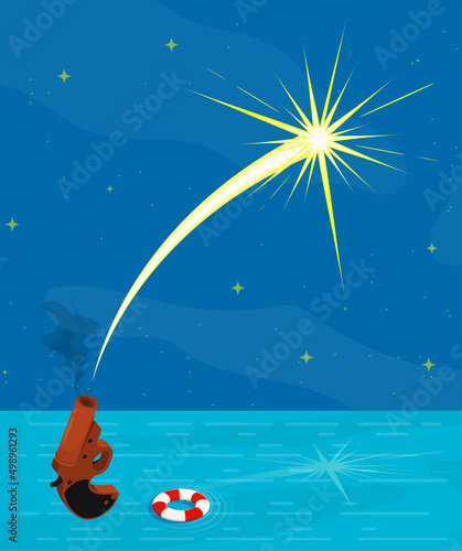 Gun for signaling in emergency. Launching signal rocket from pistol to attract attention against backdrop of sea. Vector concept