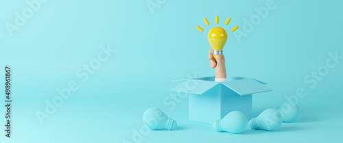 3d businessman hand holding yellow light bulb on box surrounded with light bulbs on green background, think different, business creative idea concept, copy space, conceptual minimal design, 3d render