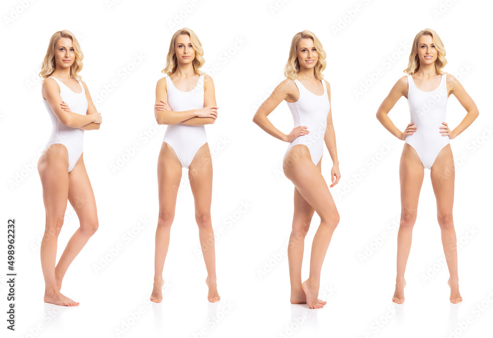 Young, fit and beautiful blond woman in white swimsuit isolated on white background - set collection. Healthcare, diet, sport and fitness concept. Young, fit and beautiful blond woman in white swimsuit isolated on white background - set collection. Healthcare, diet, sport and fitness concept.