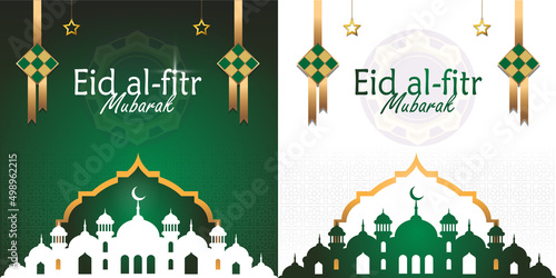 2 Alternatif Design Happy Eid Al Fitr elegant poster or banner with mosque illustration and ketupat on green background premium vector