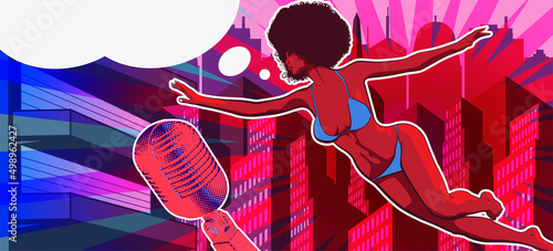 A afro haircut lady flying over the city and singing. Vector design template with comics speech bubble and woman swimsuit