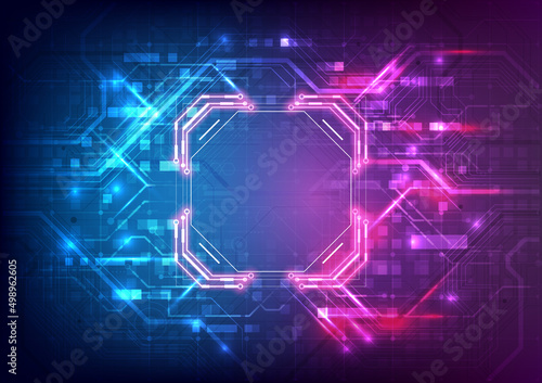 Abstract hardware and software background. Circuit board, Chip processor, Mainboard and code programmer. Hi-tech computer engineer. Pixels screen and database coding. Blue and pink neon light effect