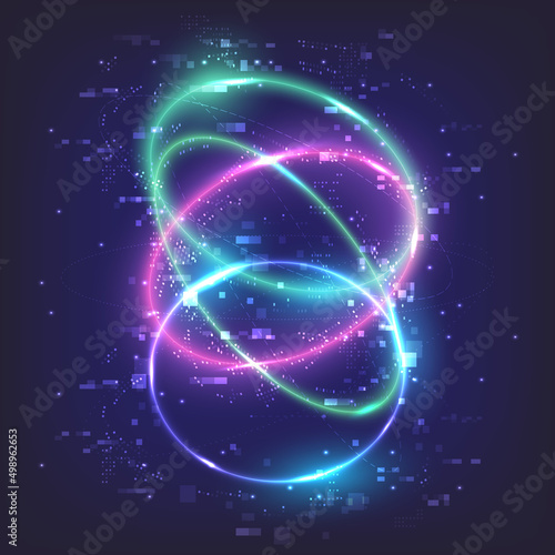Glowing swirl light effect. Magic abstract frame. Power energy of circular element. Luminous sci-fi. Shining neon lights cosmic. Futuristic swirl universe trail effect. Glitch, rays  and pixels