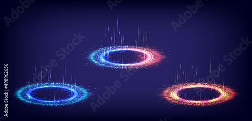 Digital high-tech collection in glowing HUD. Hologram portal of science futuristic. Magic warp gate in game fantasy. 3D Shining technology. Circle teleport podium. fireworks and luminous electron