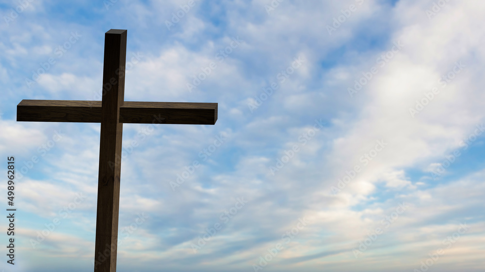Jesus Christ cross. Easter, resurrection concept. Christian wooden cross on a background with dramatic lighting, colorful mountain sunset, dark clouds and sky, sunbeams. Jesus Christ cross. Easter, resurrection concept. Christian wooden cross on a background with dramatic lighting, colorful mountain sunset, dark clouds and sky, sunbeams.
