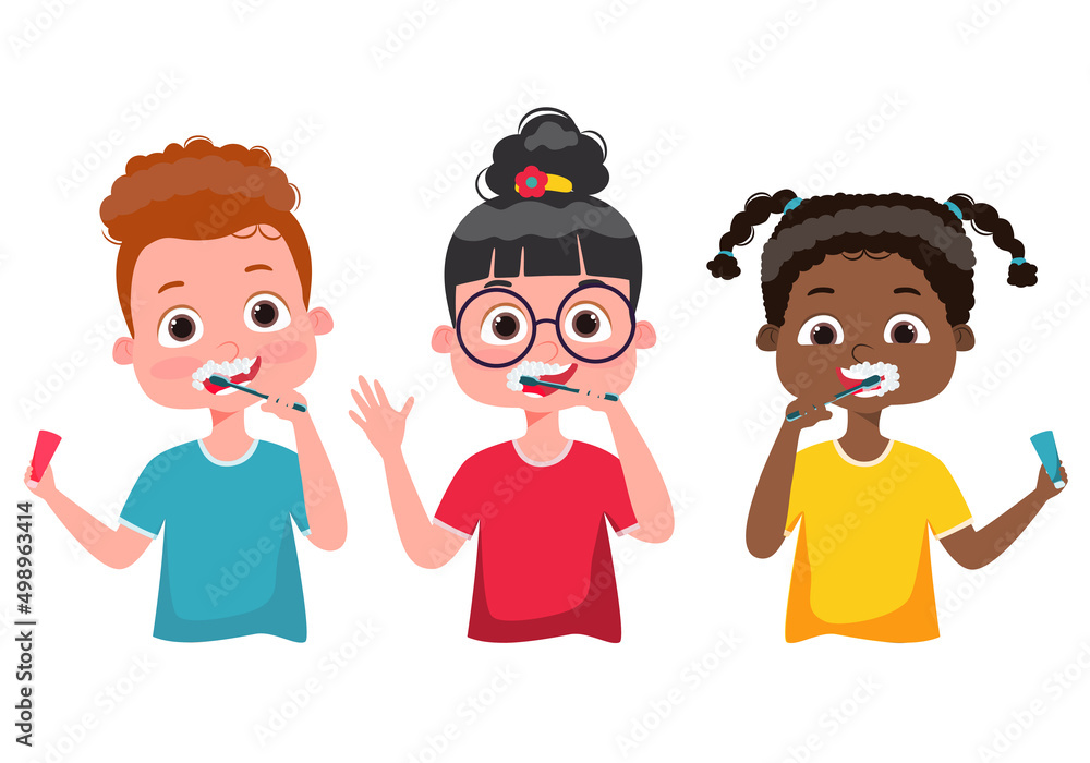 Fototapeta premium Kids caring for teeth illustration. Children brushing teeth. Dental kids. Happy baby smile. Healthy teeth. Hygiene. Vector illustration. 