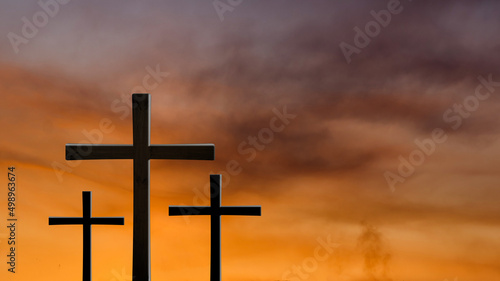 Three crosses on the mountain., Concept for Christian, Christianity, Catholic religion, divine, heavenly, celestial or god.