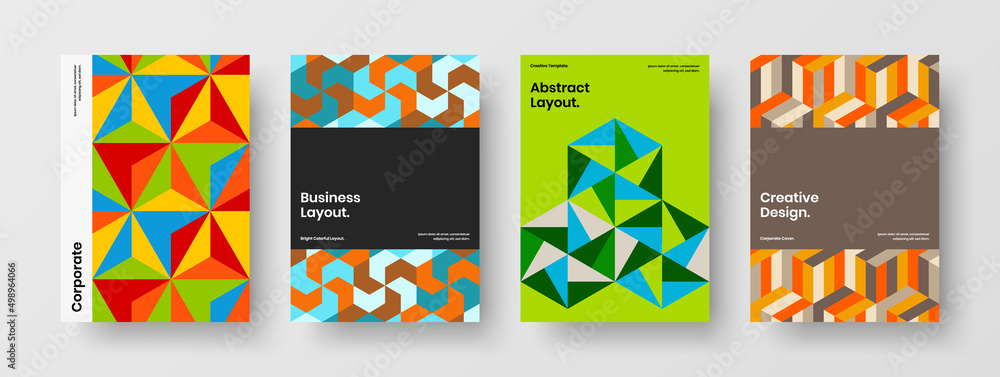 Clean company identity design vector concept set. Colorful geometric pattern magazine cover illustration bundle.
