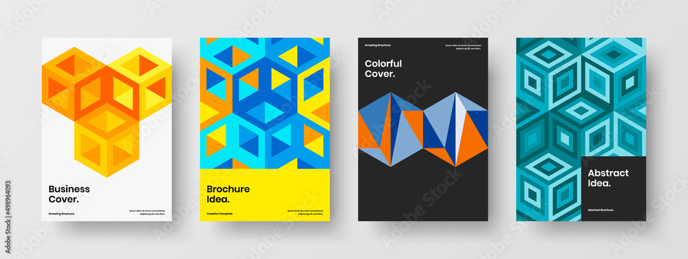 Fresh corporate brochure A4 design vector template set. Multicolored mosaic pattern annual report illustration collection.