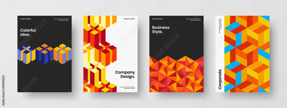 Creative company brochure A4 design vector template composition. Amazing geometric hexagons flyer concept collection.