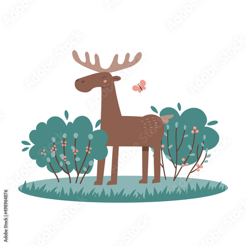 Cute moose character with antlers stands and grazes in the bushes isolated on white. Cartoon brown elk funny illustration. Flat woodland wild animal scandinavian vector clipart