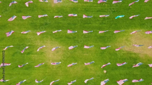 Waves of Flags Display at Pepperdine University in Malibu - aerial top down photo