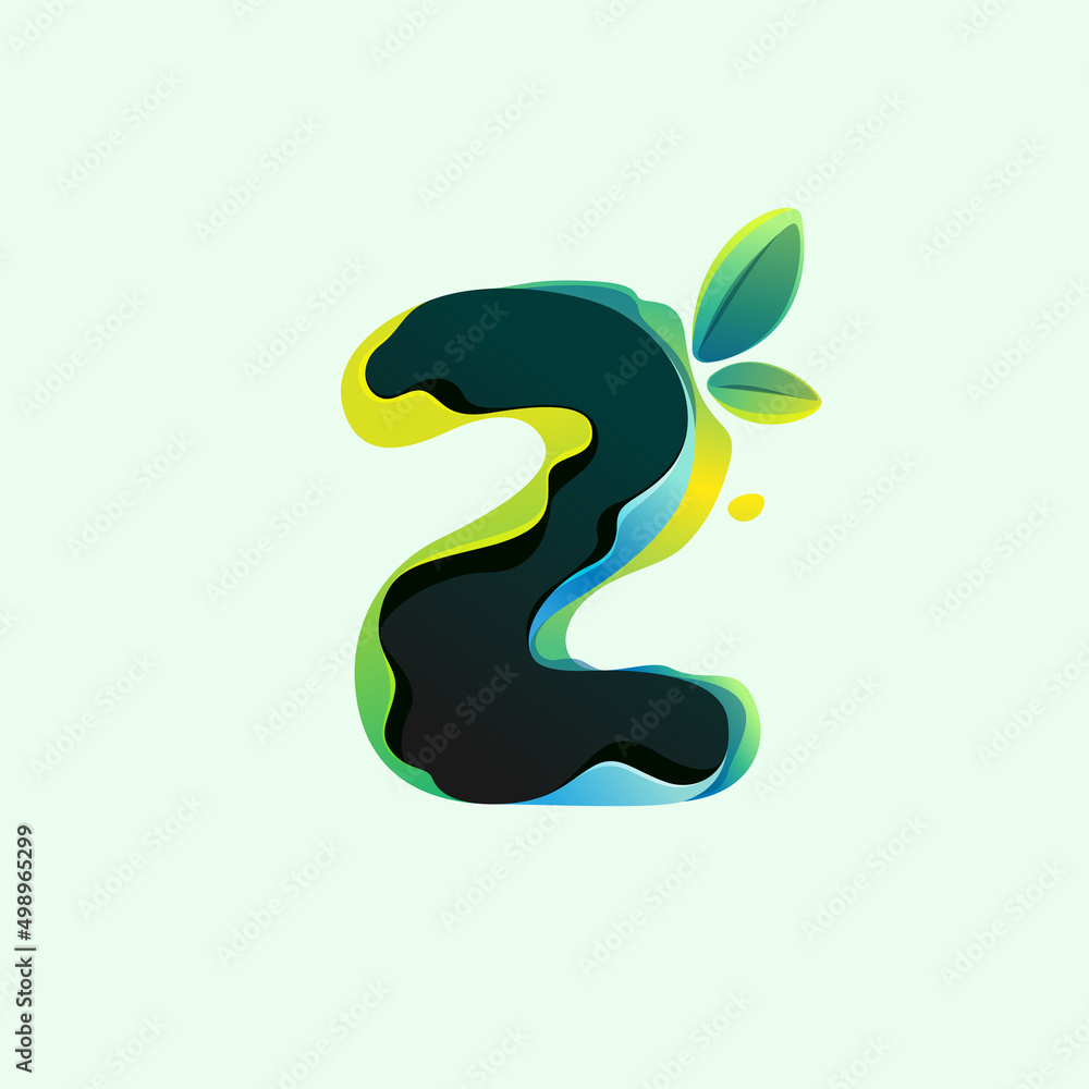 Number two eco logo with green leaves in hologram glitch style. Number two eco logo with green leaves in hologram glitch style.