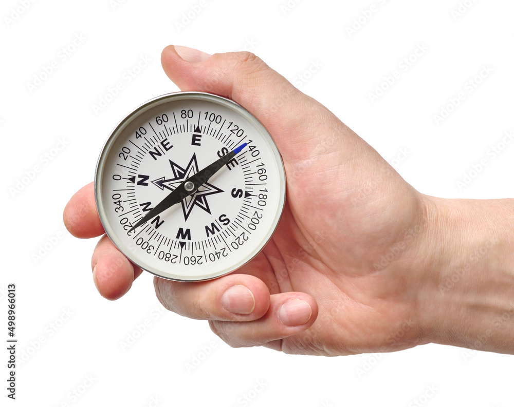 Hand holding traditional magnetic compass Hand holding traditional magnetic compass