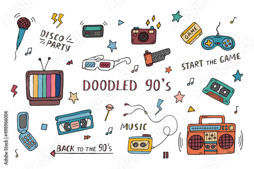 Doodled 90s vector set. Collection of retro electronics and things from 1990s. Funny doodles. Trendy colored vintage design elements on white background. Hand drawn illustration