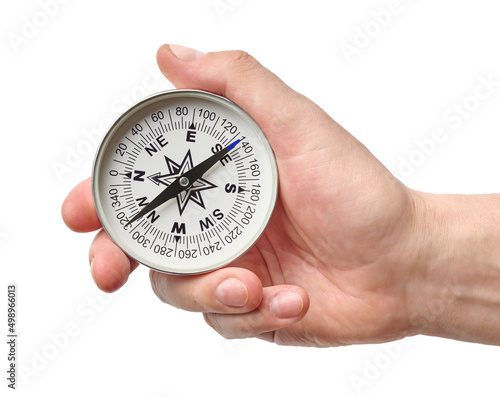 Hand holding traditional magnetic compass