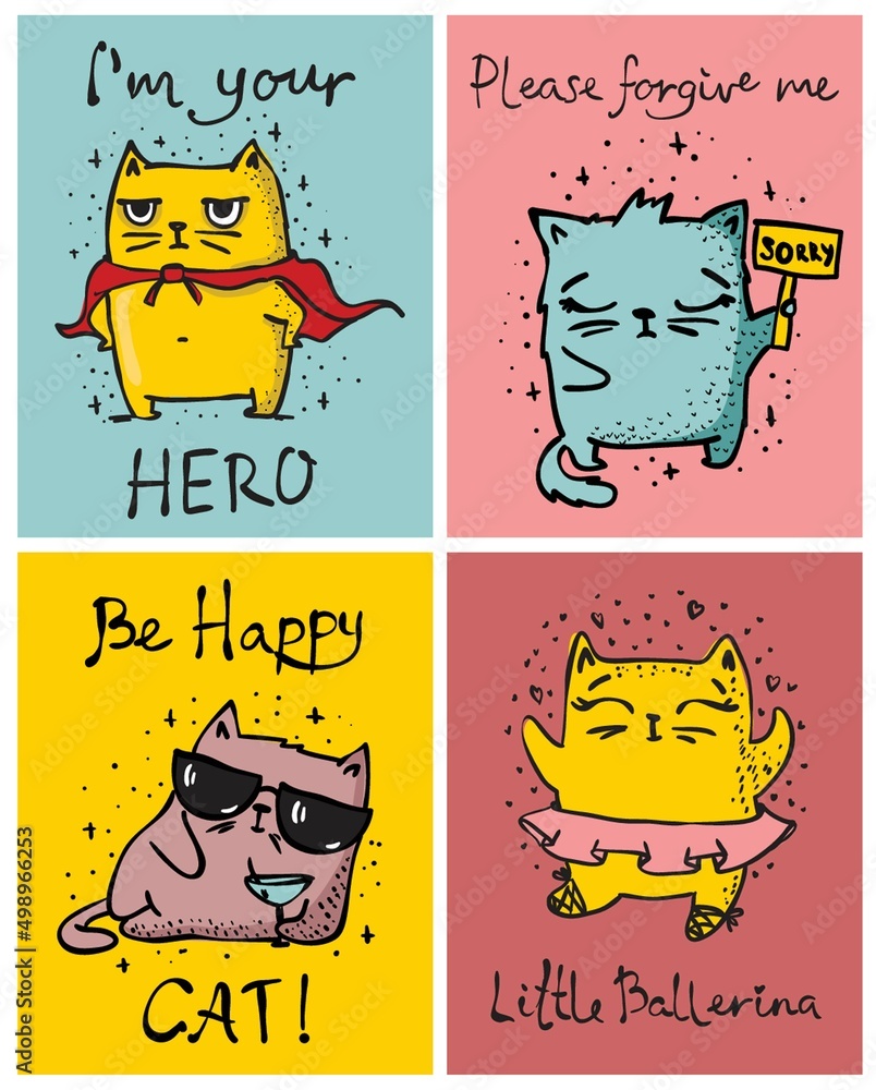 Obraz premium Big set of vector cute funny cats for greeting card design, t-shirt print, inspiration poster.