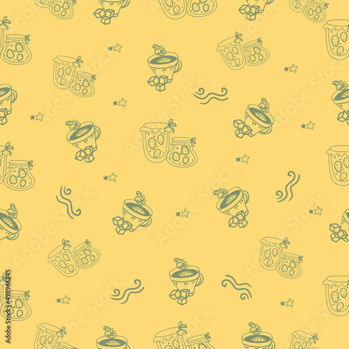 Cozy seamless pattern on yellow background with stars, jam and tea. Hand drawn stars, jam and delicious tea. Vector illustration.