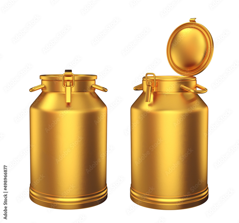 Set of milk gold cans open and closed on a white background, 3d render Set of milk gold cans open and closed on a white background, 3d render