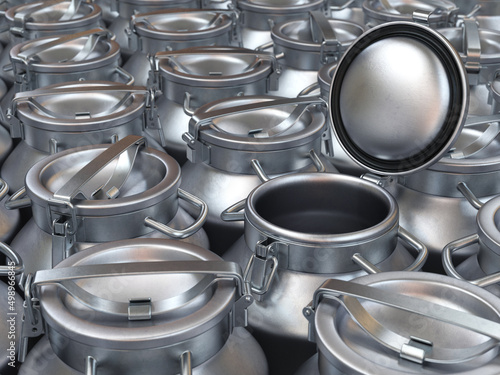 Group of milk cans with open lid silver, 3d render