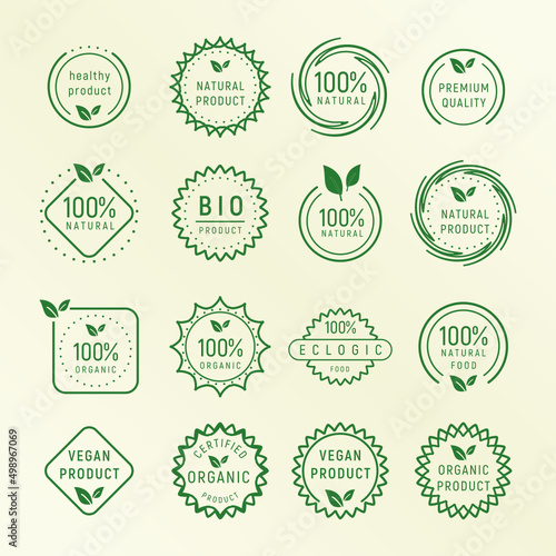 Organic product stamp emblems set illustration. Bio product emblems. Fresh eco food tags set. Stickers with natural, bio, organic product. Badges templates for healthy food emblems, vegan. Vector