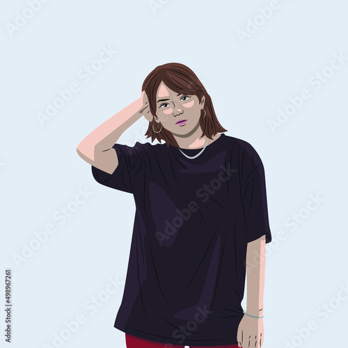 Vector portrait of a beautiful girl with style wearing a black t-shirt